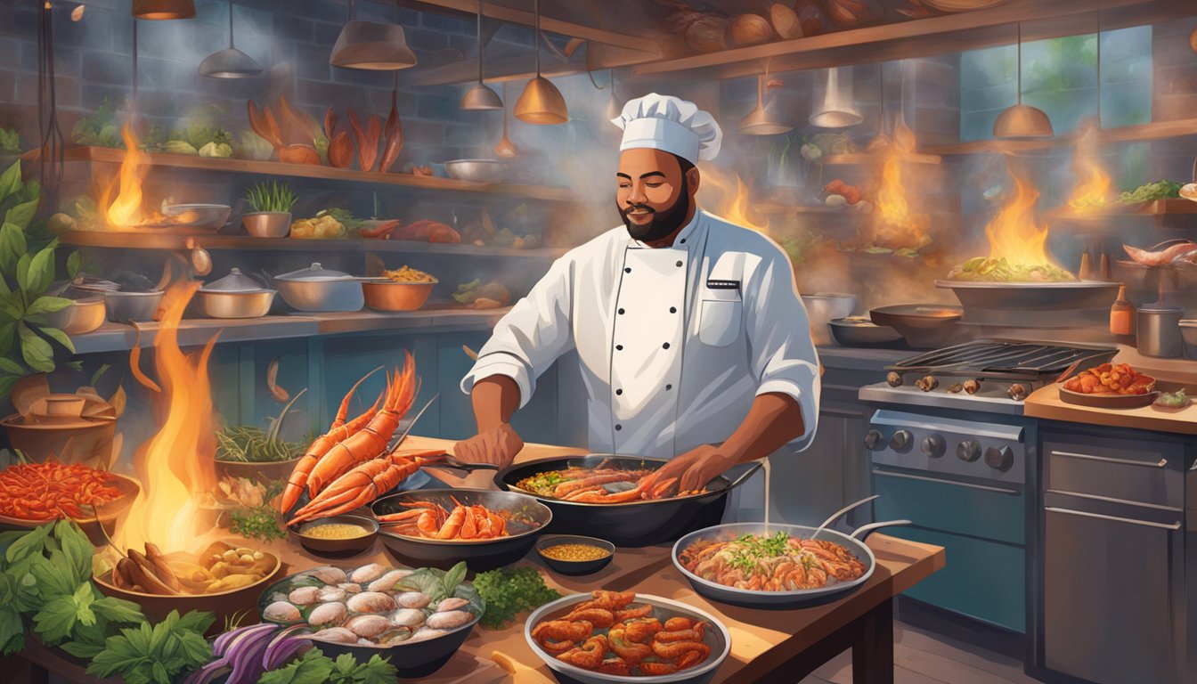 A chef expertly grilling a variety of seafood over an open flame, surrounded by a spread of colorful spices and herbs