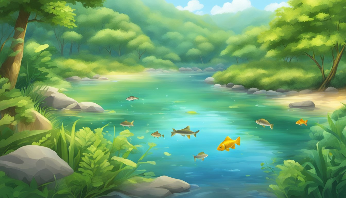 A tranquil river with lush greenery on the banks, featuring various species of fish swimming in crystal clear water