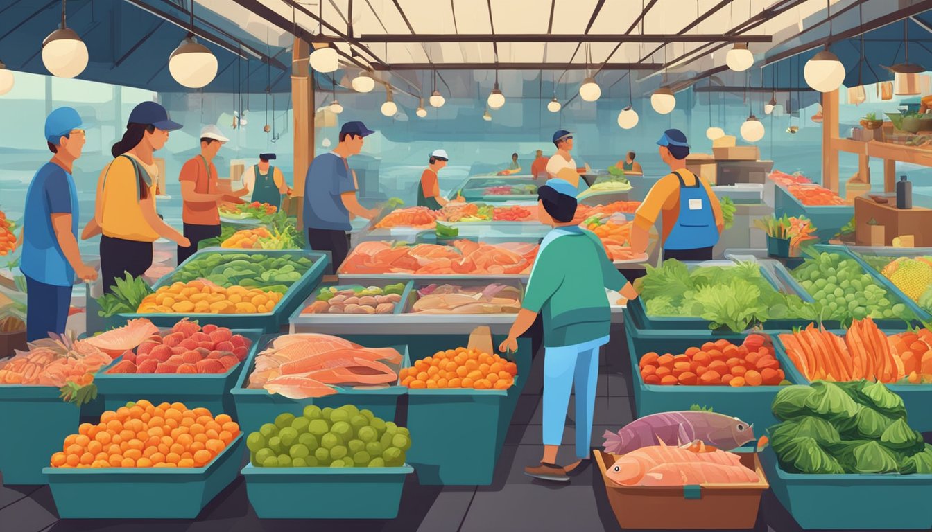 A colorful fish market with a variety of fresh fish on ice, surrounded by vibrant fruits and vegetables. Customers inspecting and purchasing seafood