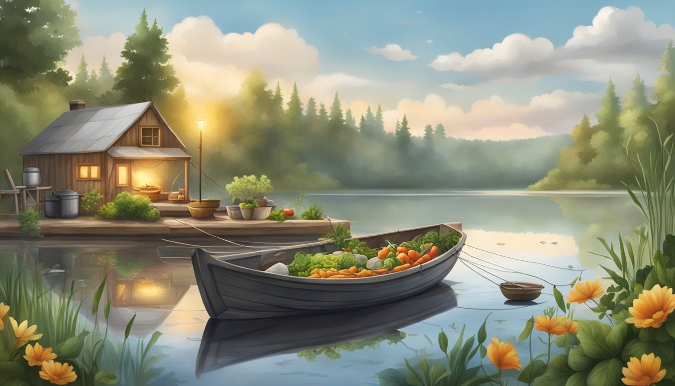 A serene lakeside scene with a fishing boat, a net full of freshwater fish, and a rustic cooking fire surrounded by fresh herbs and vegetables