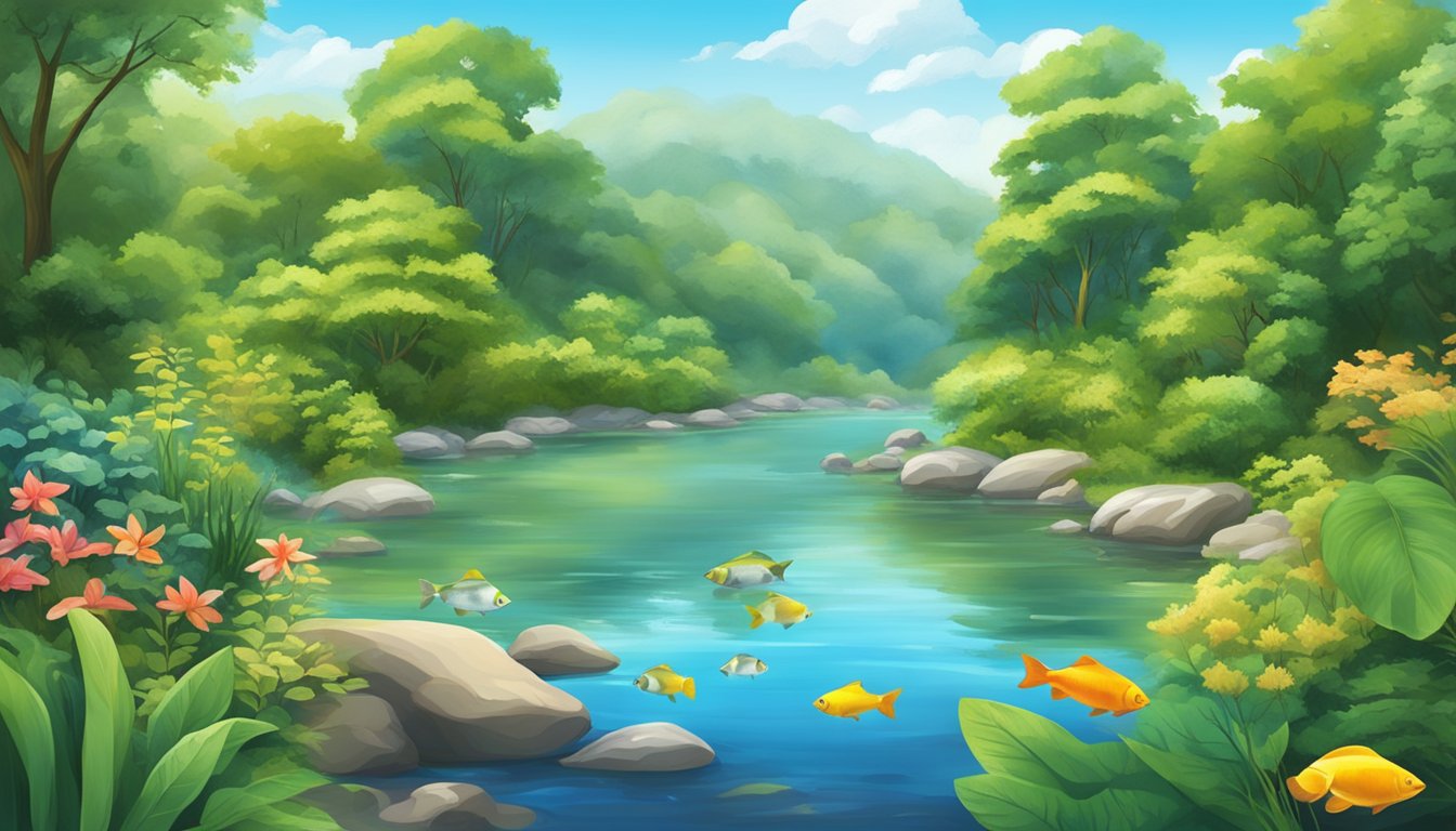 A serene river with diverse aquatic life, including colorful fish, surrounded by lush greenery and clear blue skies