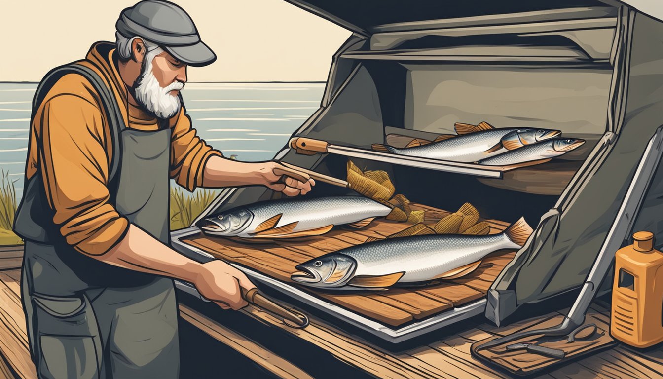 A fisherman fillets a freshly caught fish before curing and smoking it over a wood fire