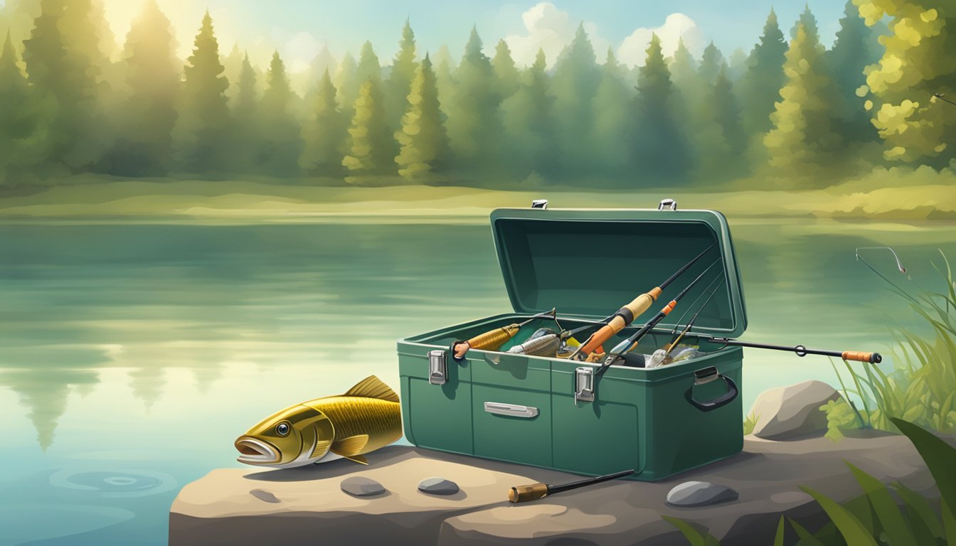 A fishing rod and tackle box sit on the bank of a peaceful lake, with a variety of freshwater fish swimming in the clear water