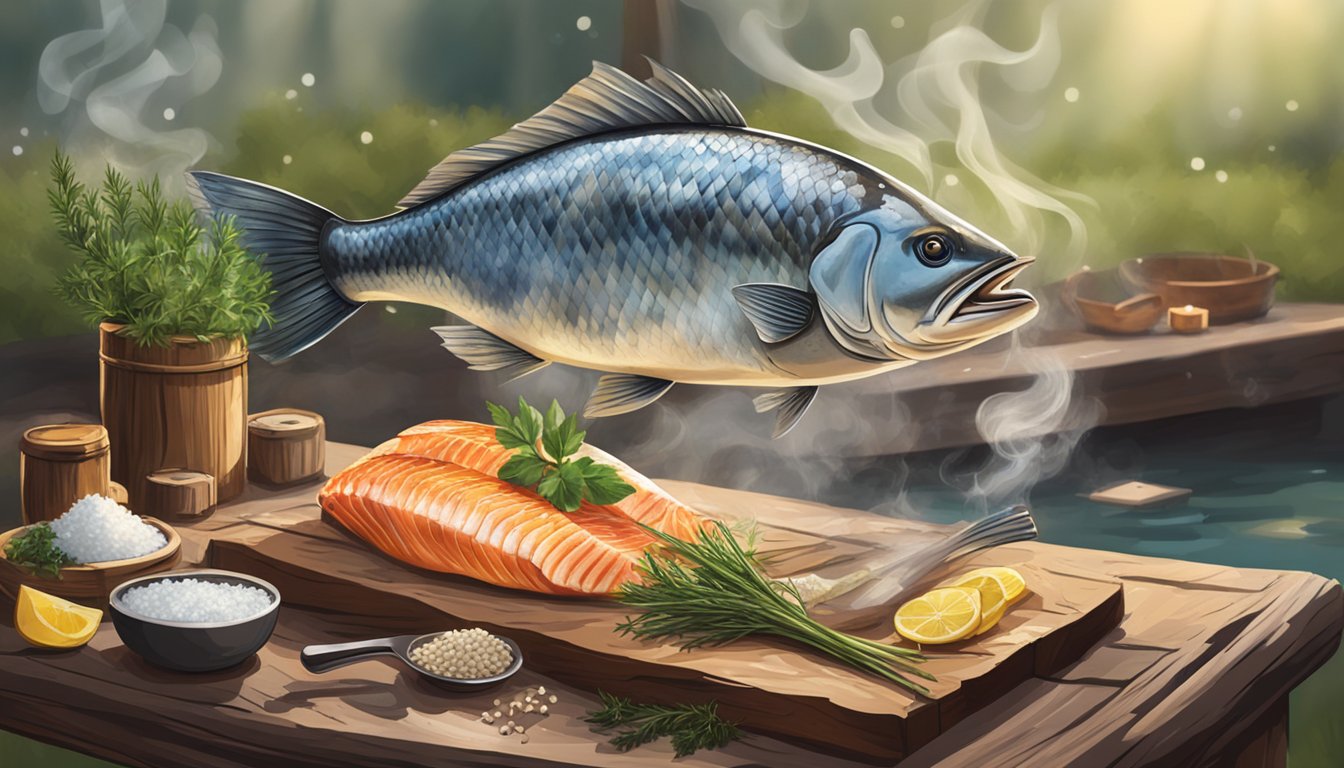 A rustic wooden table displays fresh fish, salt, and herbs. Smoke curls from a nearby firepit