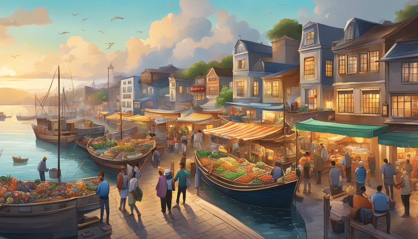 A bustling waterfront with colorful fishing boats unloading their catch, surrounded by lively stalls selling fresh seafood and festive decorations