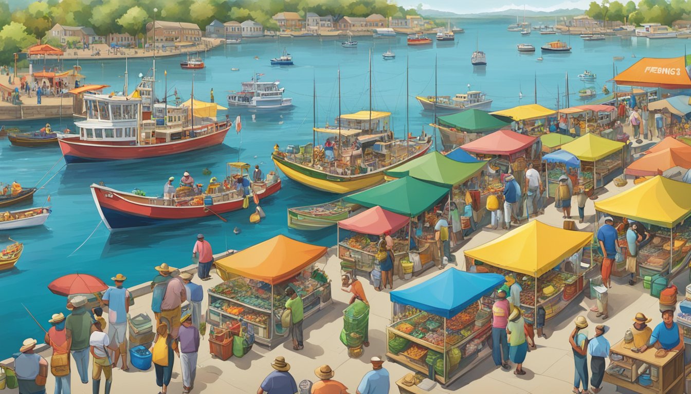 A bustling waterfront with colorful boats, fish markets, and lively festivities, showcasing the diverse types of fishing celebrated at America's fishing festivals