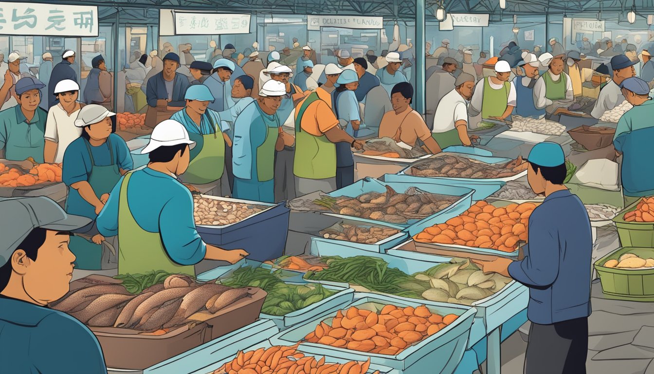 A bustling fish market with vendors selling various fresh catches, customers inspecting the seafood, and a sign promoting ethical and legal selling practices