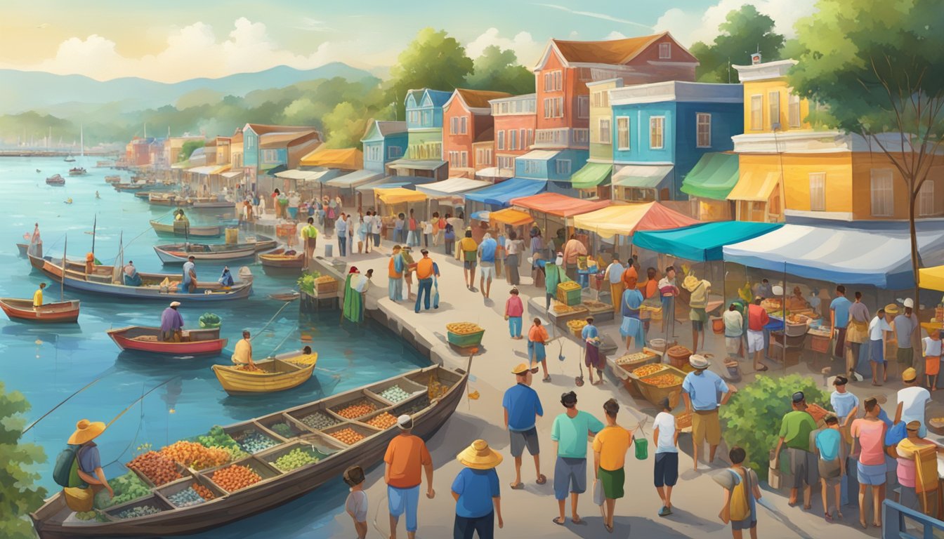 A bustling waterfront lined with colorful fishing boats, vendors selling fresh seafood, and families enjoying fishing competitions and games at a lively fishing festival