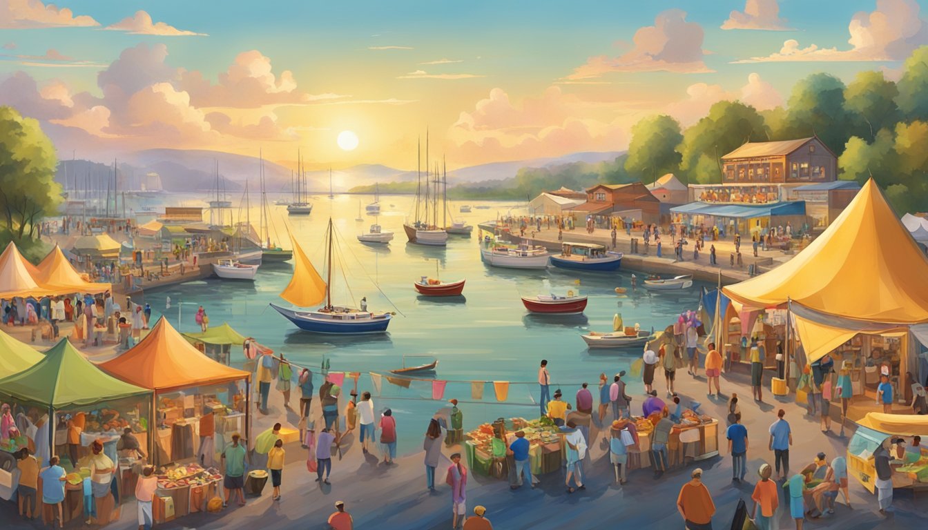 A bustling fishing festival with colorful tents, food vendors, and live music along a scenic waterfront. Fishing boats and eager festival-goers create a lively atmosphere