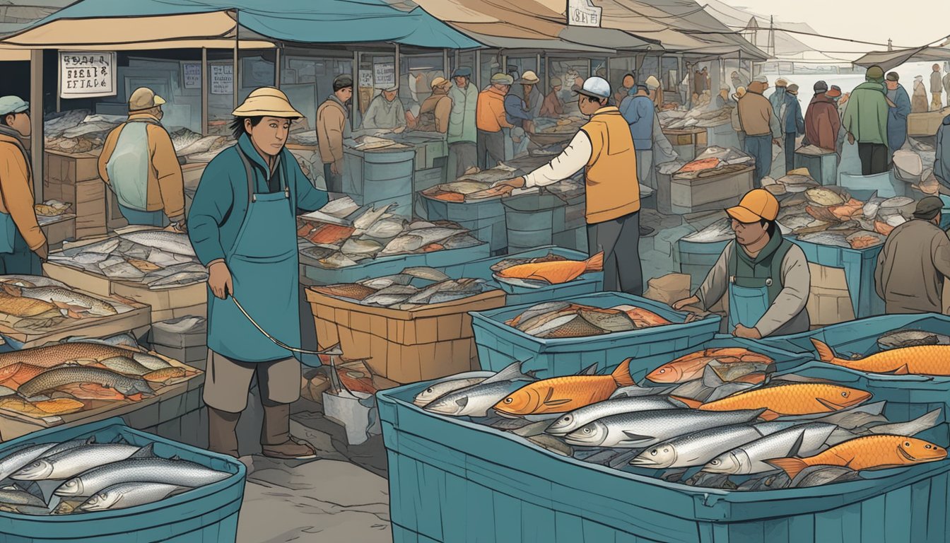 A fisherman selling their catch at a bustling market, surrounded by various types of fish displayed on ice, with signs indicating legal and ethical selling practices