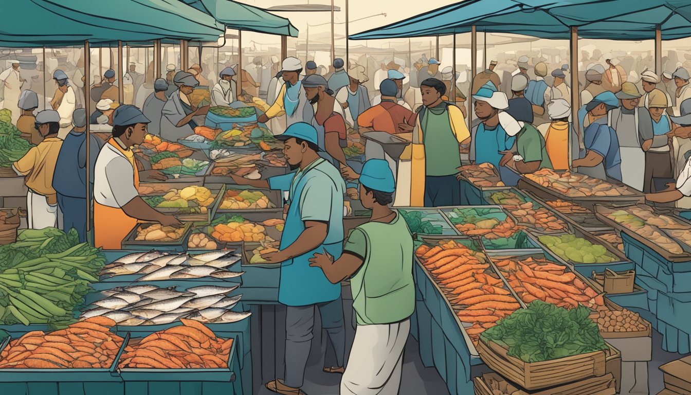 A bustling market with vendors selling fresh fish and seafood, surrounded by eager customers and fishermen discussing business strategies