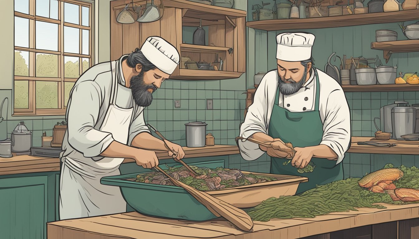 A fisherman carefully fillets a fish, while a chef uses the head, bones, and scales to create a flavorful broth. A compost bin sits nearby, ready for any remaining scraps