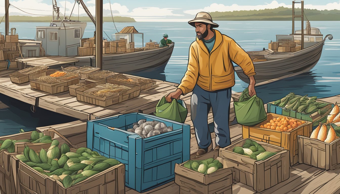 A fisherman unloading a variety of fresh catches from a boat onto a dock, with crates and baskets ready for transportation