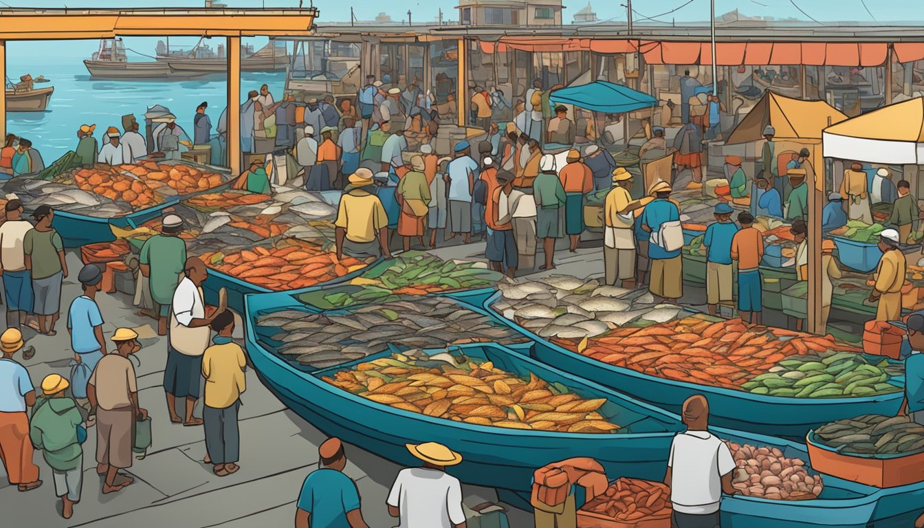 A bustling fish market with vendors selling various fresh catches, surrounded by colorful fishing boats docked at the pier