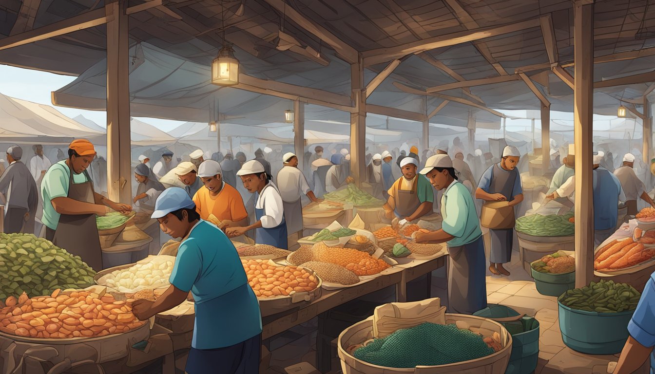 A bustling fish market with vendors using every part of the fish - scales for cosmetics, bones for fertilizer, and meat for food