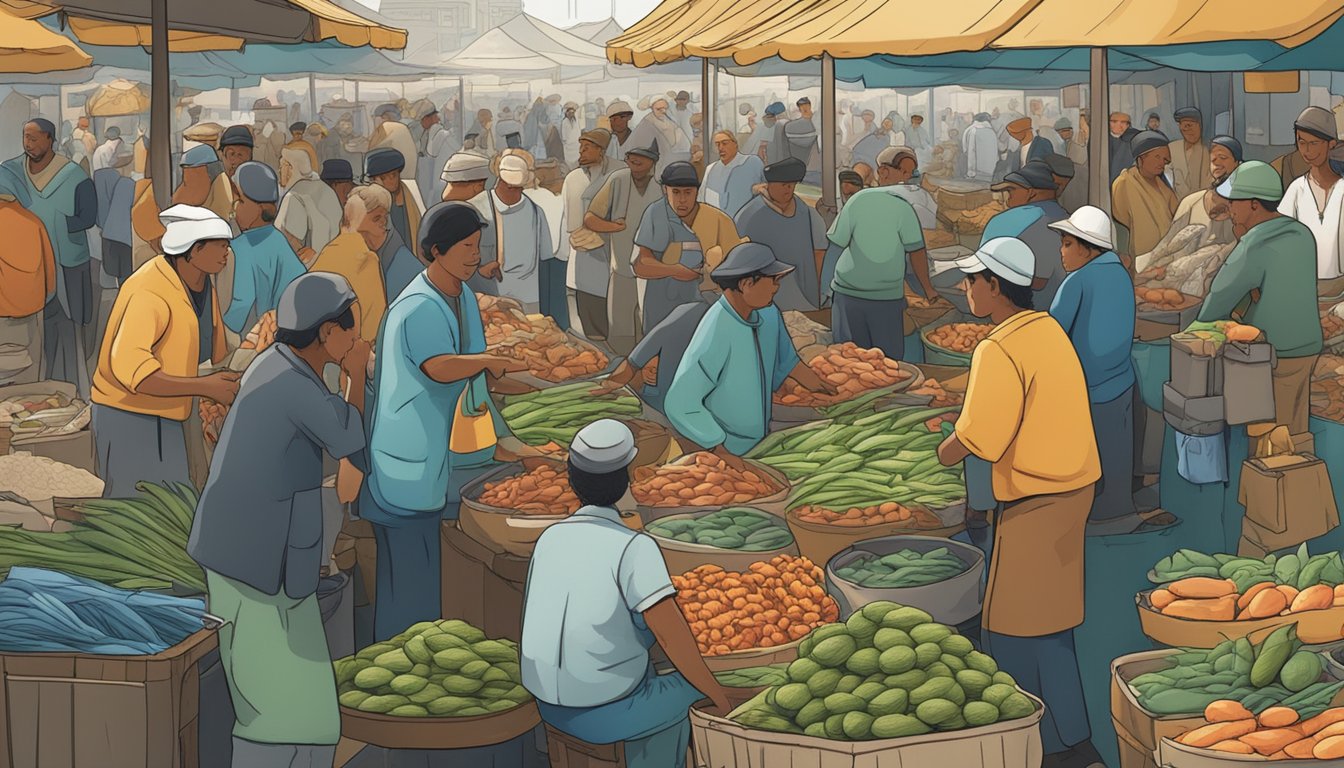 A bustling market with fishermen selling their catches to eager customers, surrounded by signs promoting ethical and legal practices