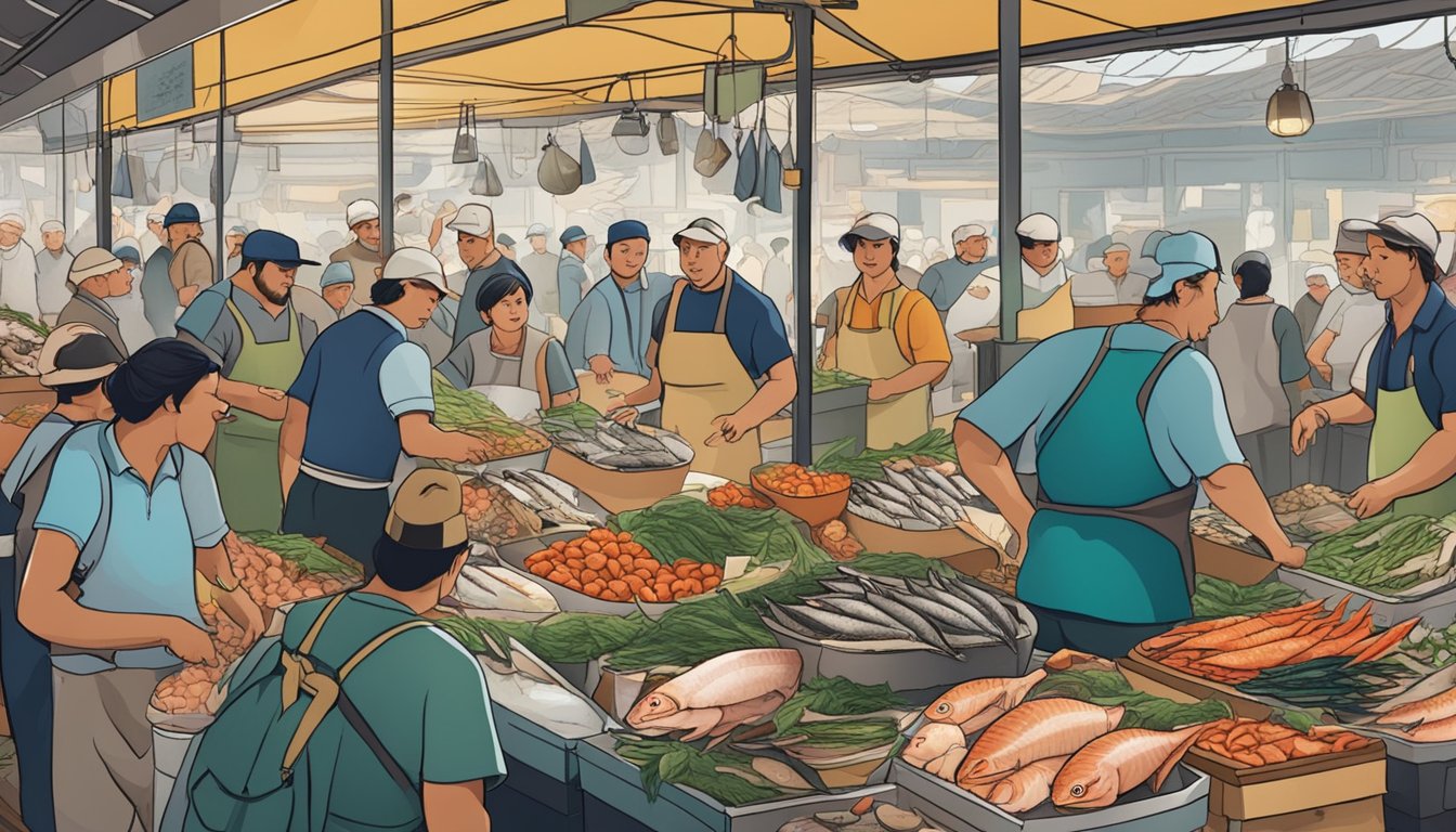 A bustling marketplace with fishmongers displaying their surplus catch, surrounded by eager customers and vendors haggling over the fresh seafood