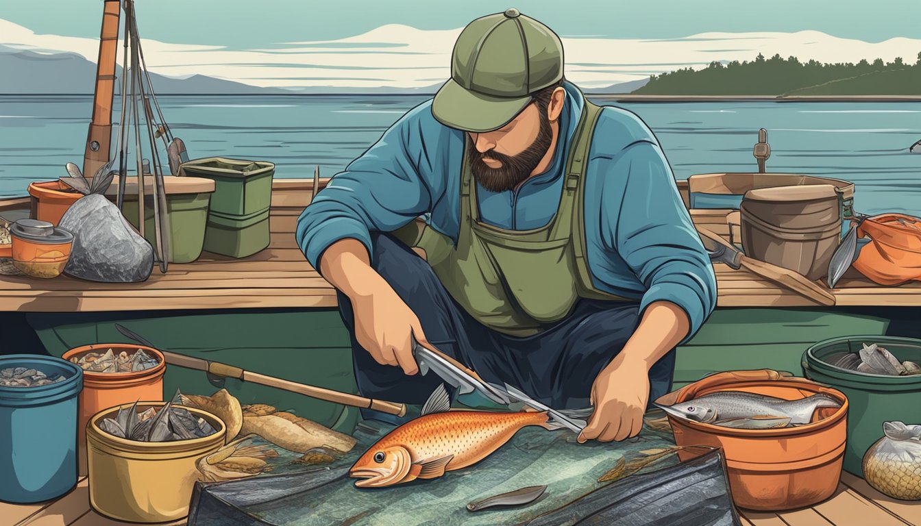 A fisherman on a boat, cutting and gutting a fish. Various tools and containers are used to utilize every part of the catch