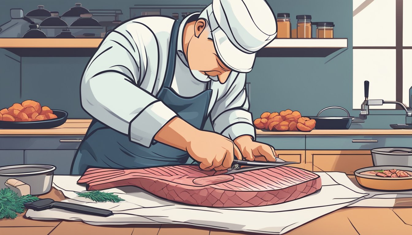 A skilled hand fillets a fish, carefully removing the meat while minimizing waste. The process is precise and efficient, with the focus on maximizing the amount of usable meat