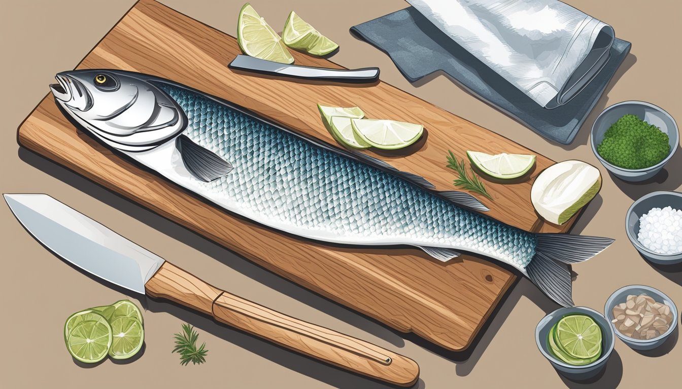 A clean, organized workspace with a cutting board, sharp knife, and a whole fish ready to be filleted. A bowl for scraps and a container for the fillets sit nearby