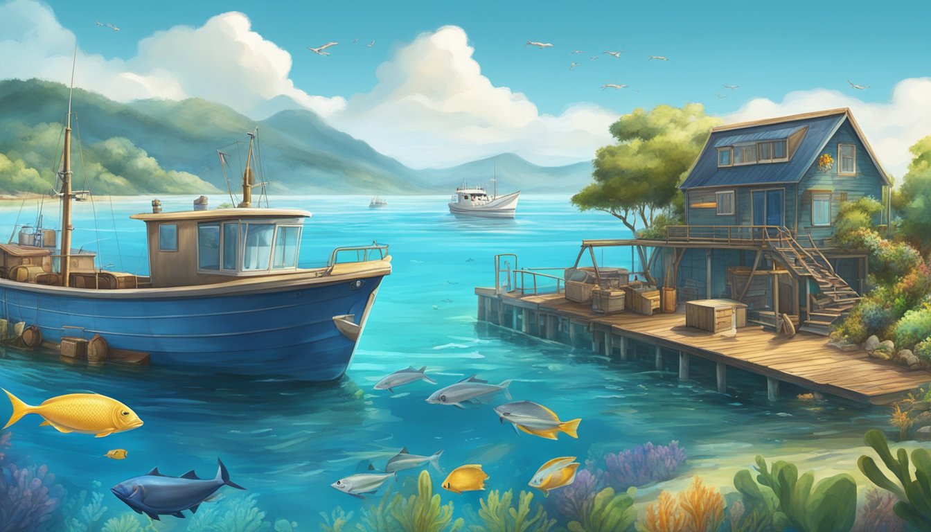 A serene ocean scene with a fish farm and a wild catch boat side by side, surrounded by marine life and clear blue waters