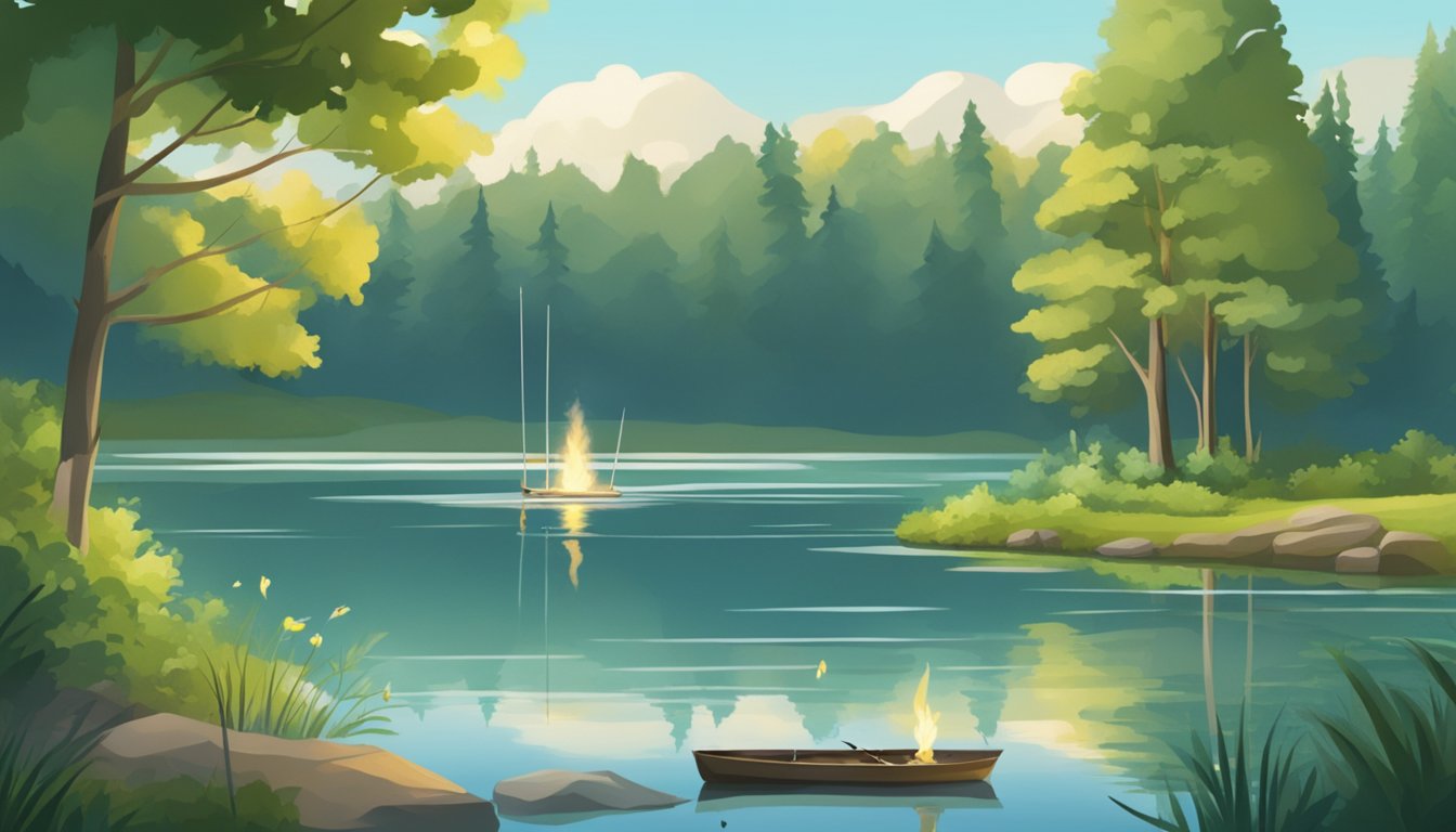 A serene lake surrounded by lush greenery, with a fishing rod cast into the water and a small campfire on the shore