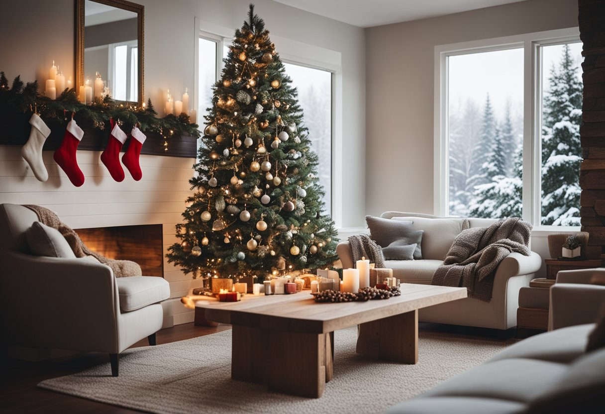 A cozy living room with a decorated Christmas tree, stockings hung by the fireplace, and snow falling outside the window