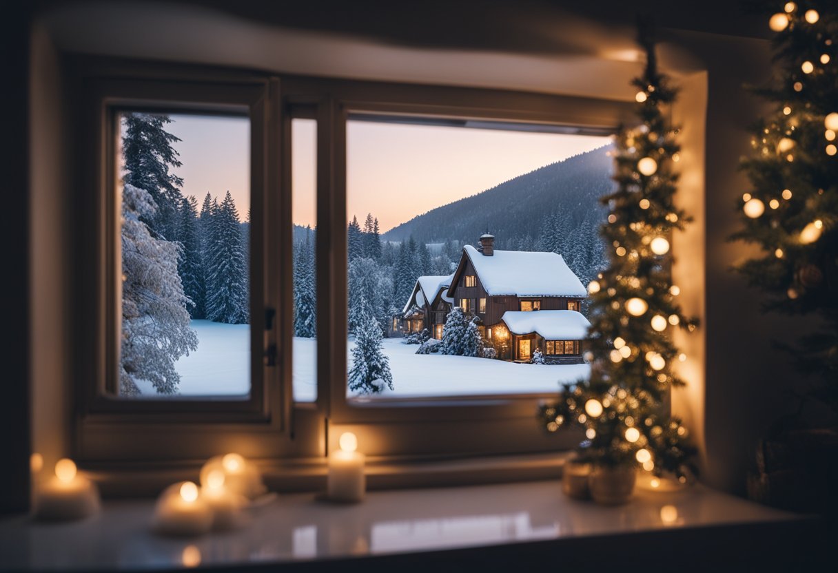 A cozy winter scene with snow-covered trees, a quaint village, and twinkling lights, all framed by a frosty window