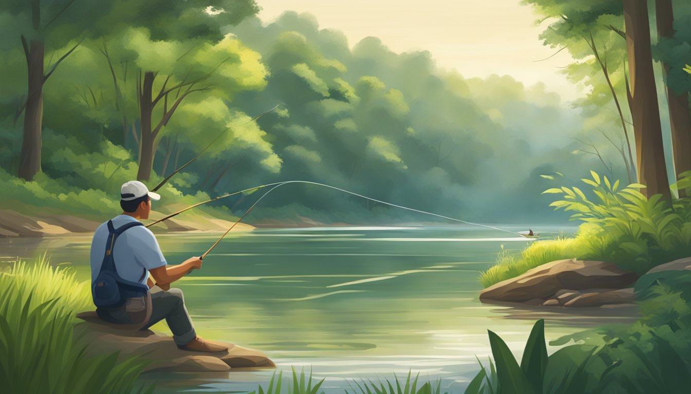 A serene riverbank with lush greenery, a clear flowing river, and a fisherman practicing sustainable catch-and-release fishing