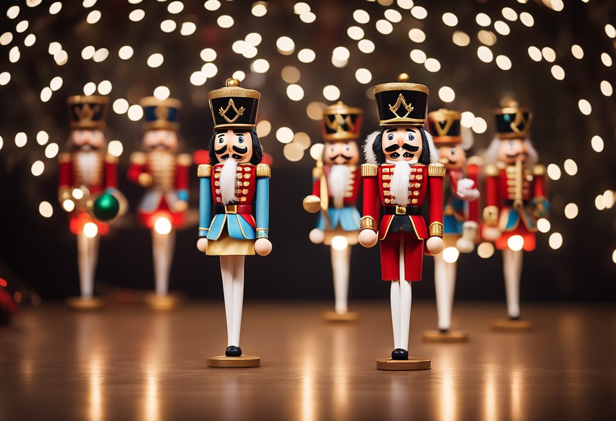 A group of Nutcracker ballet dancers gracefully perform on stage, surrounded by festive holiday decorations and twinkling lights