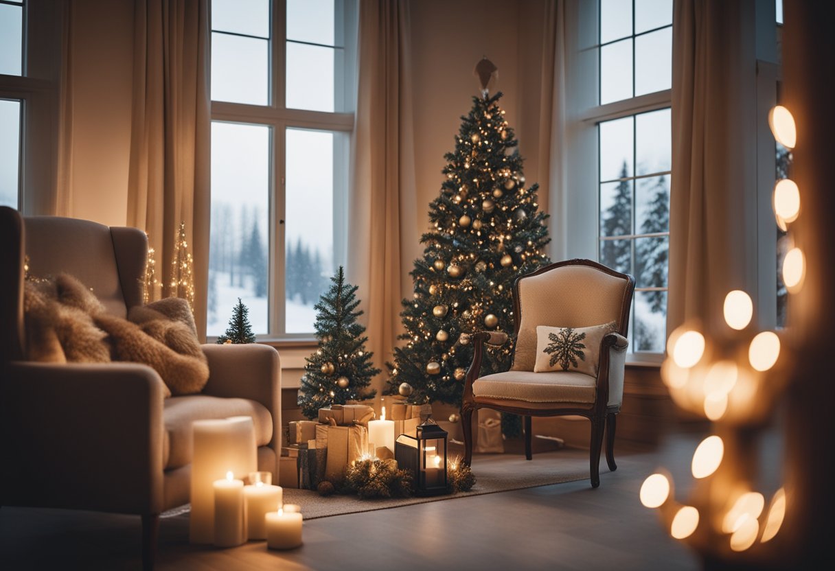 A warm and inviting fireplace corner decorated with festive Christmas ornaments and a cozy armchair, with a view of a snowy winter landscape through the window