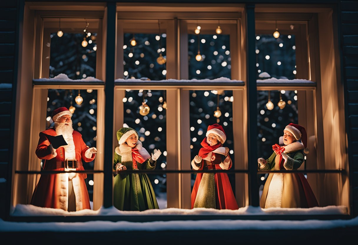 A group of Christmas carolers singing in front of festively decorated windows