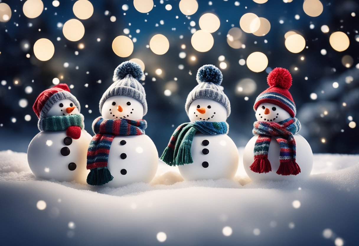 A jolly snowman family with scarves and hats, surrounded by snowy trees and twinkling stars in a winter wonderland