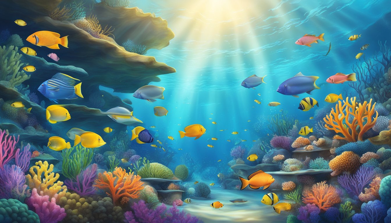 A serene underwater scene with a vibrant coral reef, schools of colorful fish, and a variety of marine life thriving in a healthy and diverse ecosystem