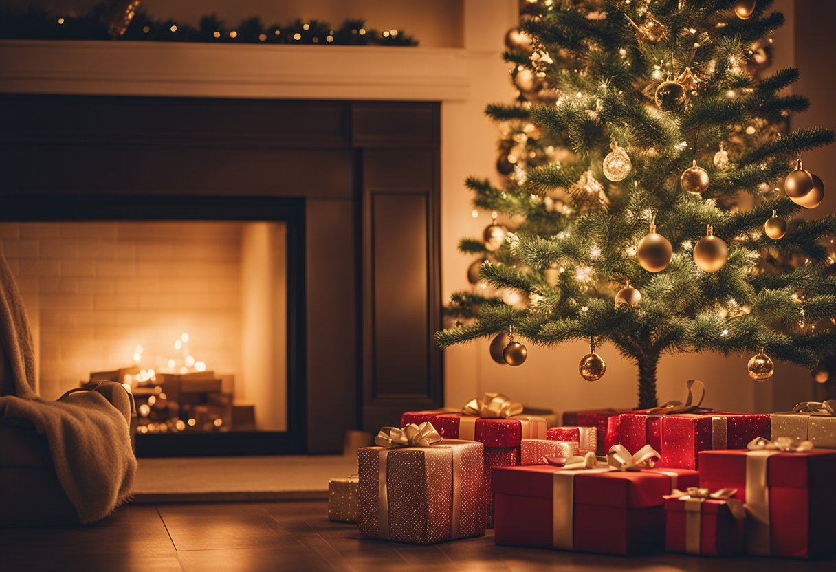 A twinkling Christmas tree stands in a cozy living room, surrounded by wrapped presents and glowing lights