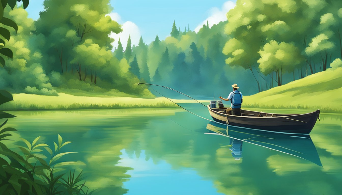 A serene lake with a clear blue sky, surrounded by lush green trees. A fishing boat is anchored, with a fisherman using eco-friendly gear