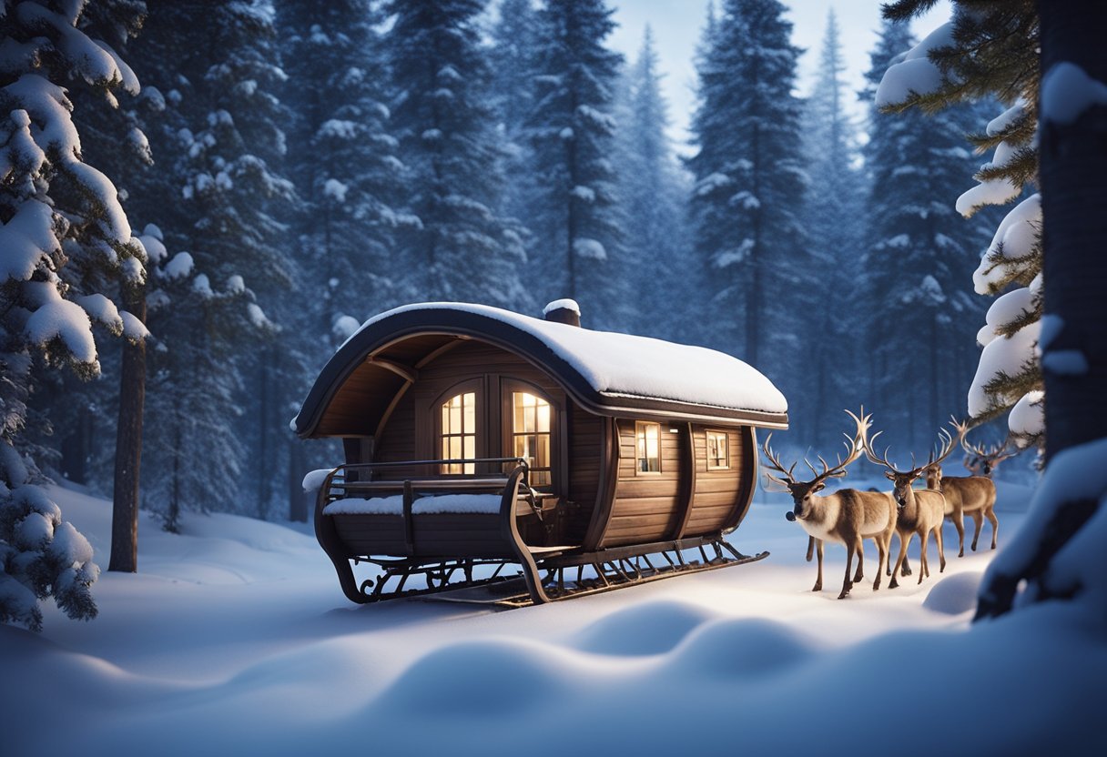 A sleigh pulled by reindeer glides through a snowy forest, with a cozy cabin in the background and twinkling stars overhead