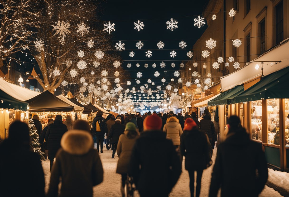 A bustling holiday market with colorful stalls, twinkling lights, and festive decorations. Snowflakes fall gently as shoppers browse the Christmas window displays