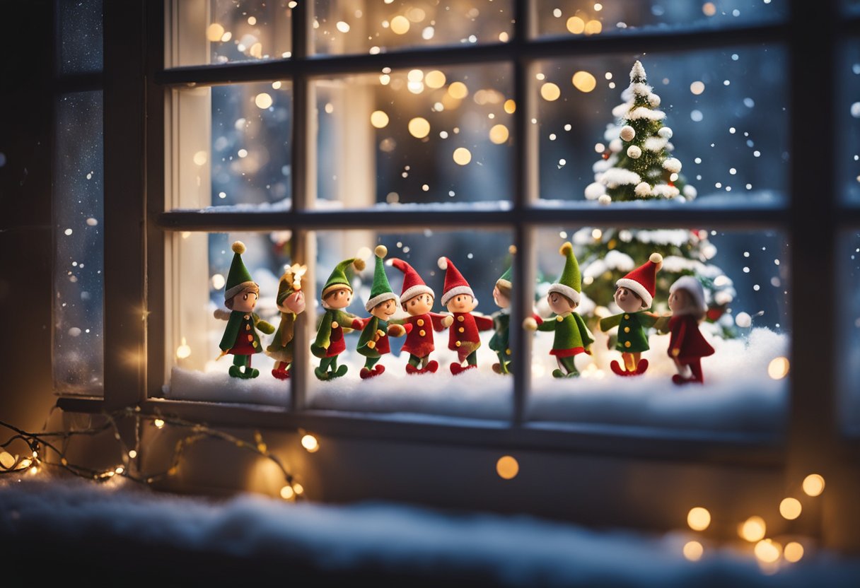 A group of whimsical elf helpers painting a festive Christmas scene on a window, surrounded by twinkling lights and snowflakes