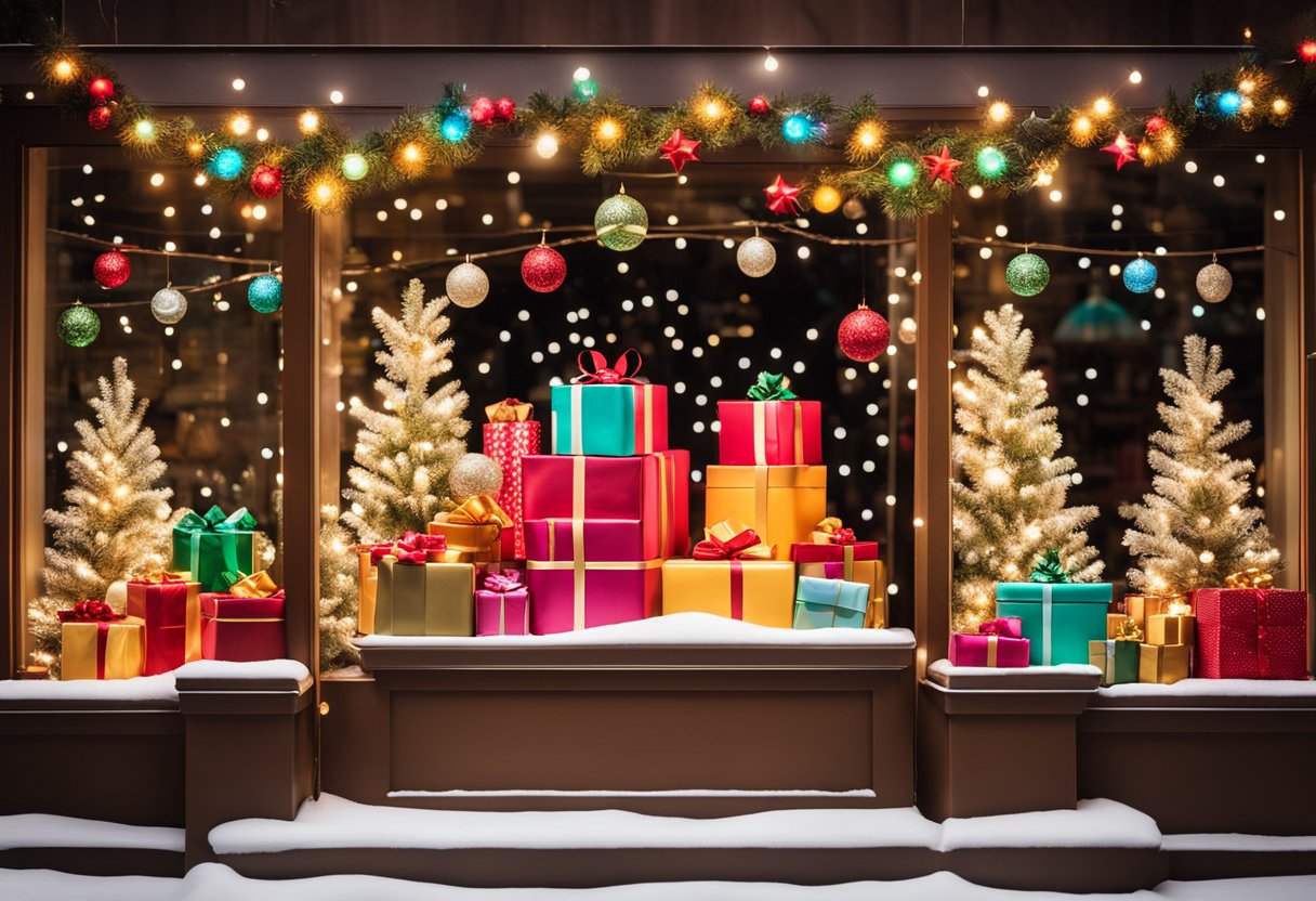 A festive holiday window display featuring a colorful pile of wrapped gifts, surrounded by twinkling lights and seasonal decorations