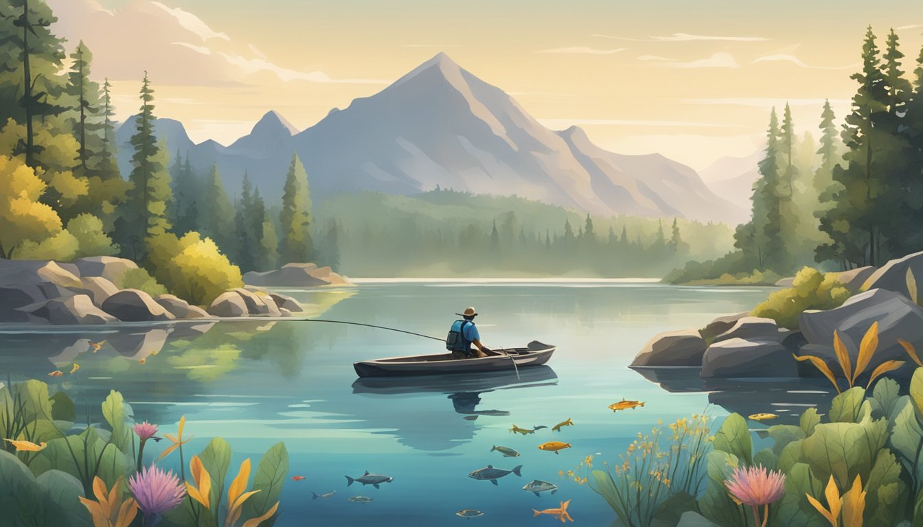 A serene lake with diverse fish species swimming among aquatic plants and rocks, while a lone angler practices catch-and-release fishing nearby