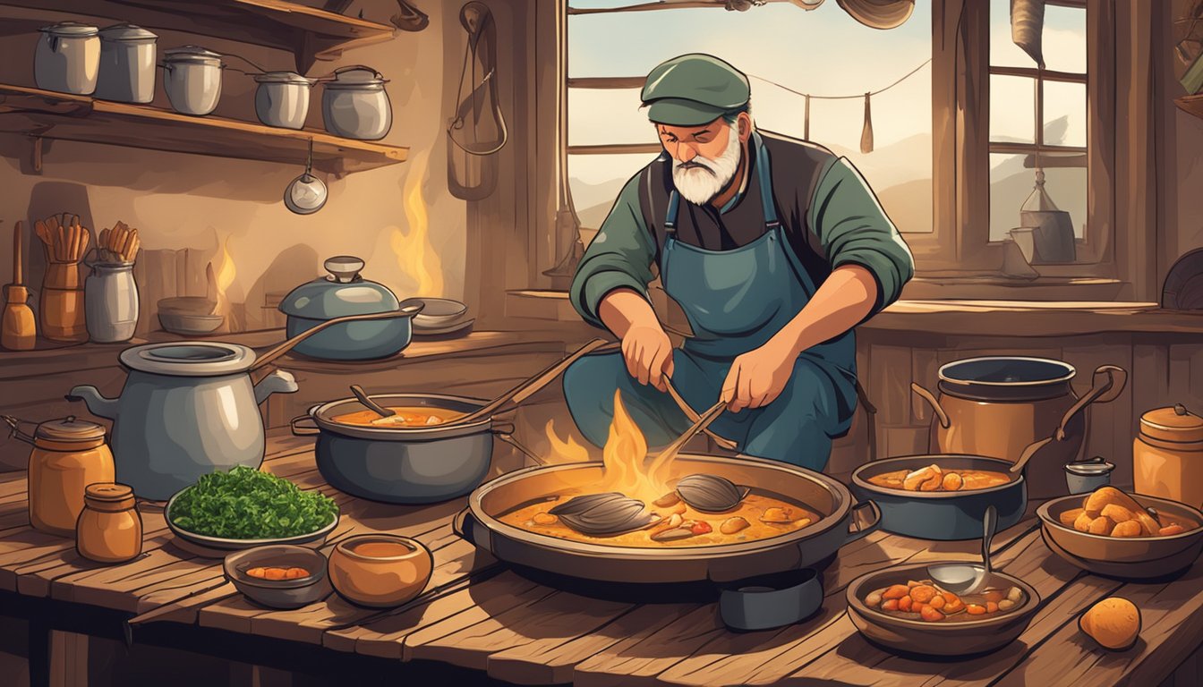 A fisherman cooking a hearty fish soup over an open flame in a rustic kitchen. Ingredients and cooking utensils scattered on a wooden table