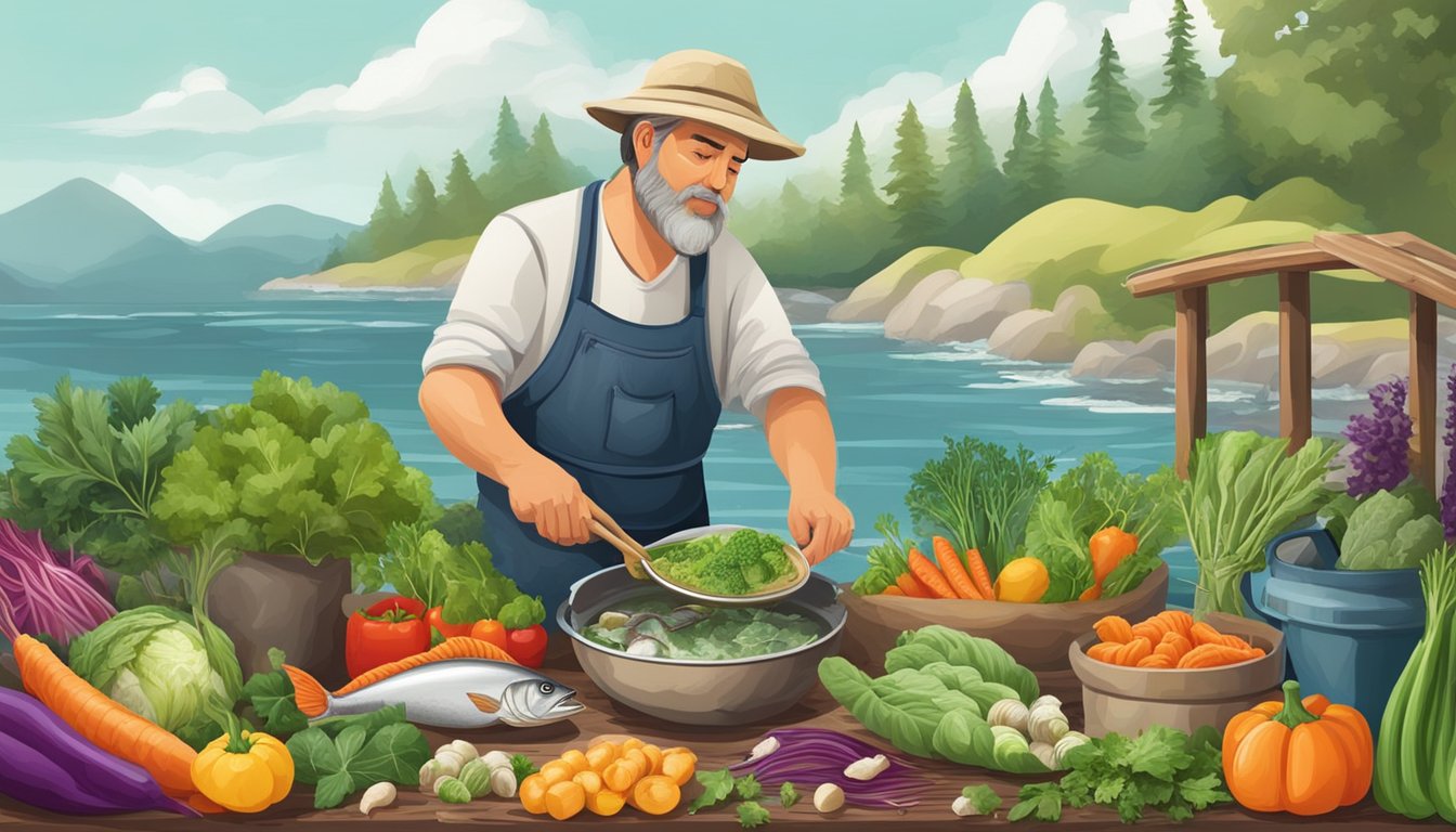 A fisherman carefully selects fresh ingredients for a hearty fish soup, surrounded by a variety of colorful vegetables and herbs