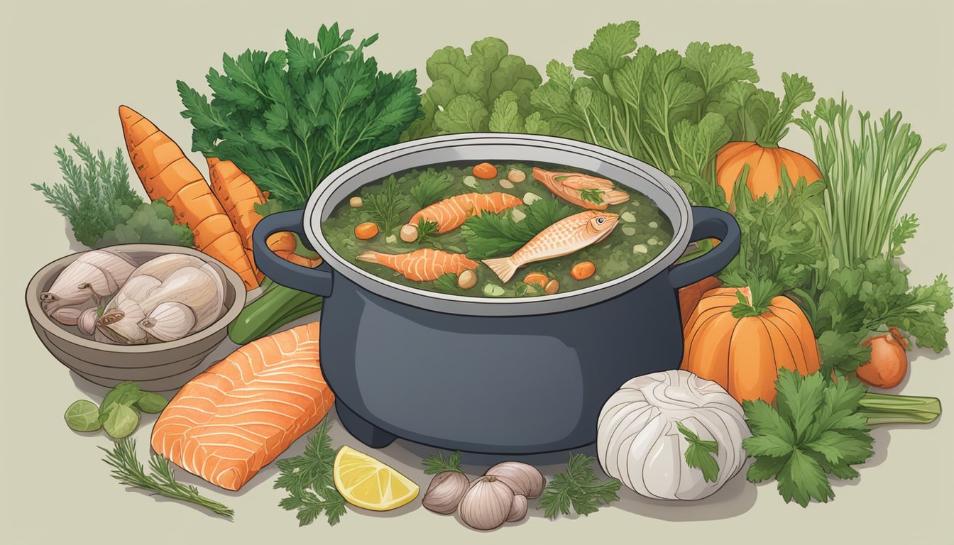 A pot of simmering fish stock on a stovetop, surrounded by various fresh herbs, vegetables, and seafood ingredients ready to be transformed into a comforting fish soup