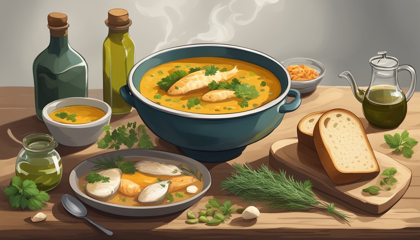 A rustic kitchen table set with a steaming bowl of fish soup, surrounded by a crusty loaf of bread, a pile of fresh herbs, and a bottle of olive oil