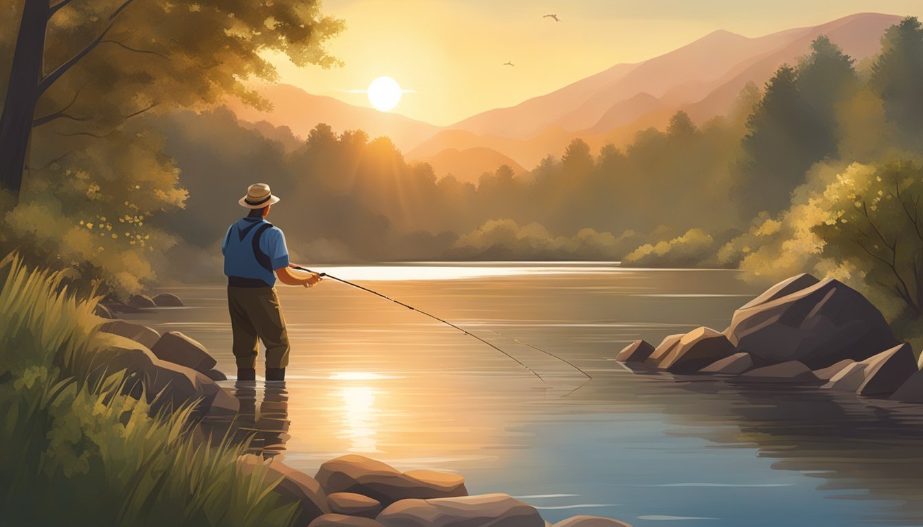 A serene riverbank with a fisherman releasing a fish back into the water. The sun is setting, casting a warm glow over the scene