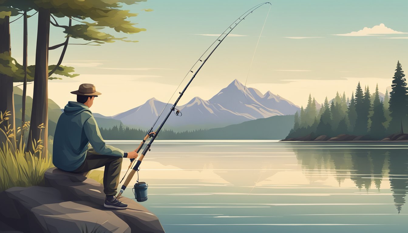 A person fishing from the shore with a simple fishing rod and tackle, surrounded by a calm lake or river with trees and mountains in the background