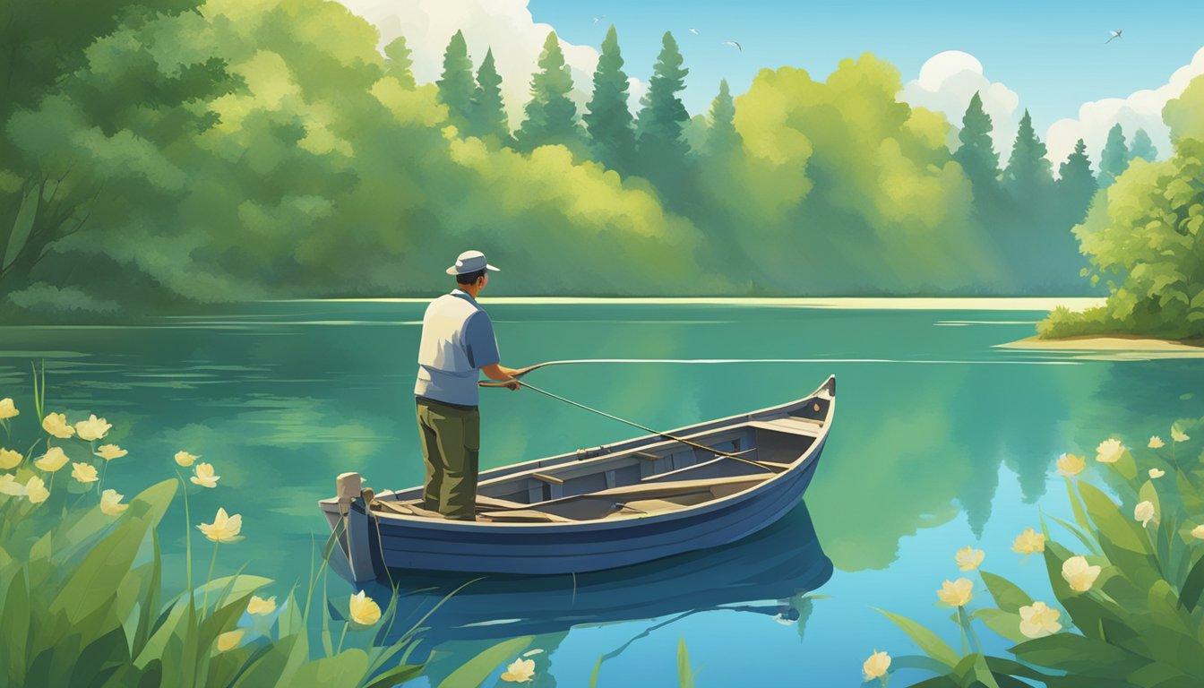 A serene lake with a lone fishing boat, surrounded by lush greenery and a clear blue sky. The angler is seen carefully releasing a fish back into the water