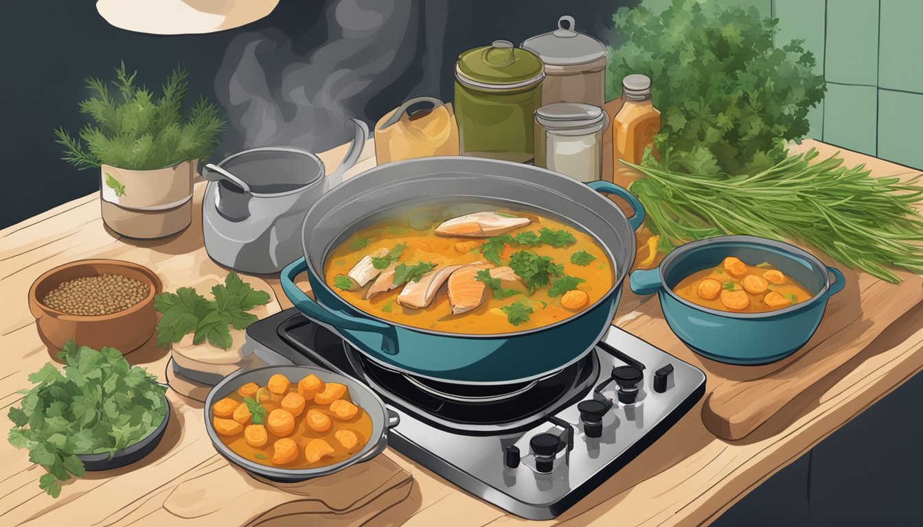 A rustic kitchen with a pot of simmering fish soup on a stovetop, surrounded by fresh herbs, spices, and a bowl of leftover fish fillets