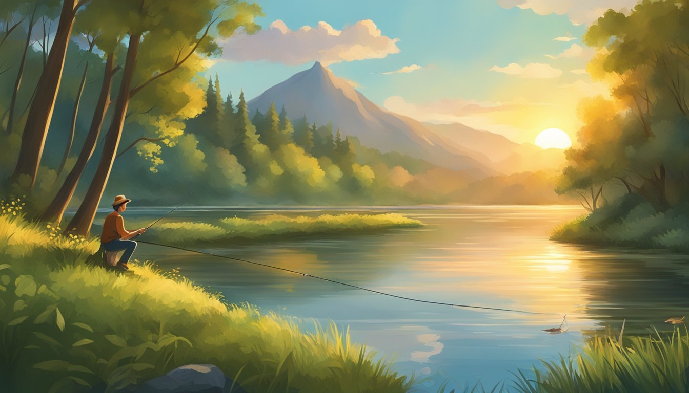 A person fishing from the shore of a calm river, surrounded by lush greenery and wildlife. The sun is setting, casting a warm glow over the scene